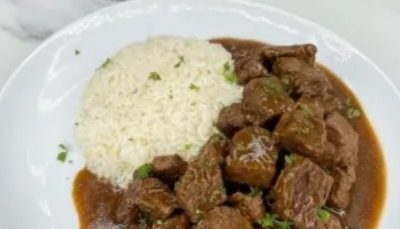 Easy Homemade Halal Beef Stew with Fluffy Rice: Tender Chunks in Rich Gravy